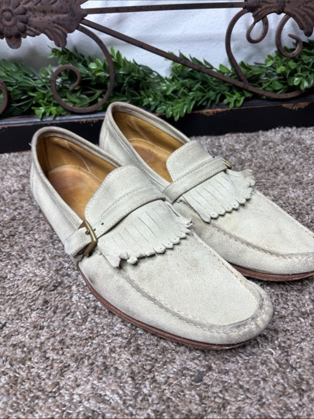 Billy Reid Winfield loafers featuring a fringed vamp and buckle strap Sz 9.5